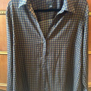 Ann Taylor Blouse - Blue and Brown Checkered Blouse; size XL